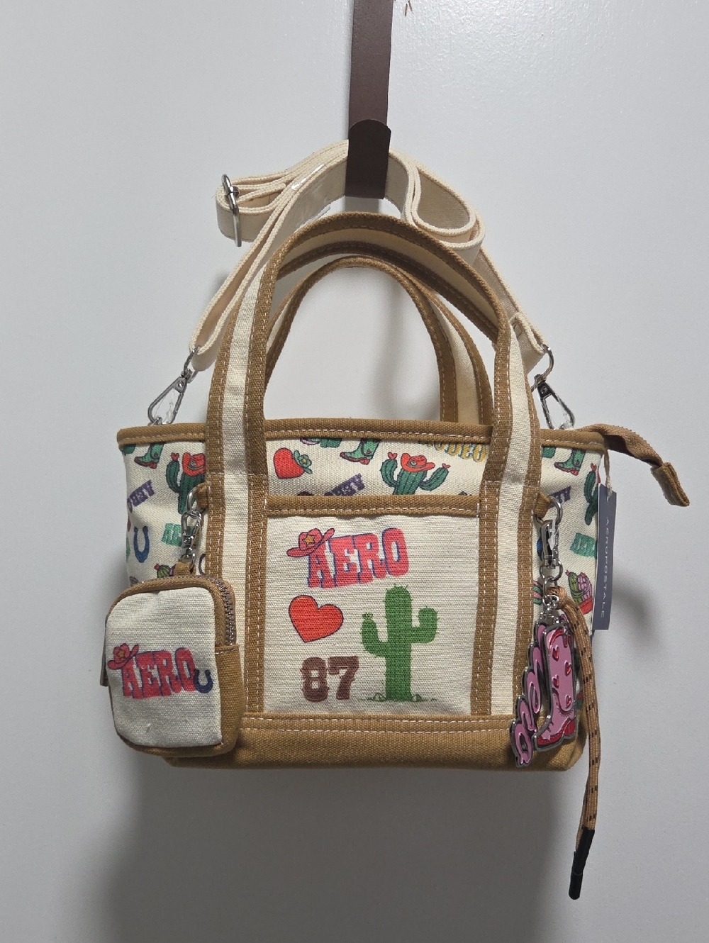 Aeropostale Beige Canvas Satchel with Colorful Cactus Graphics